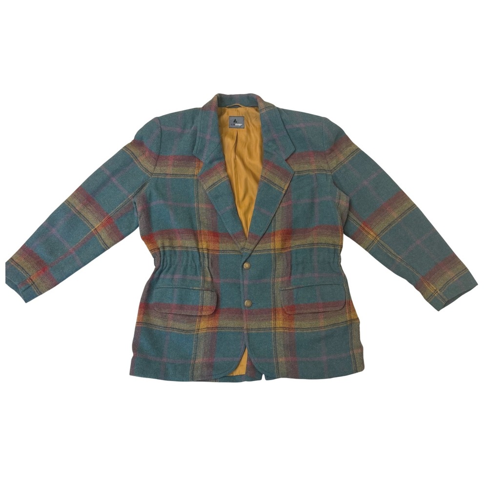 Vintage 90s Lizwear Mohair Wool Plaid Blazer Oversized Teal Jacket Coat Size 4